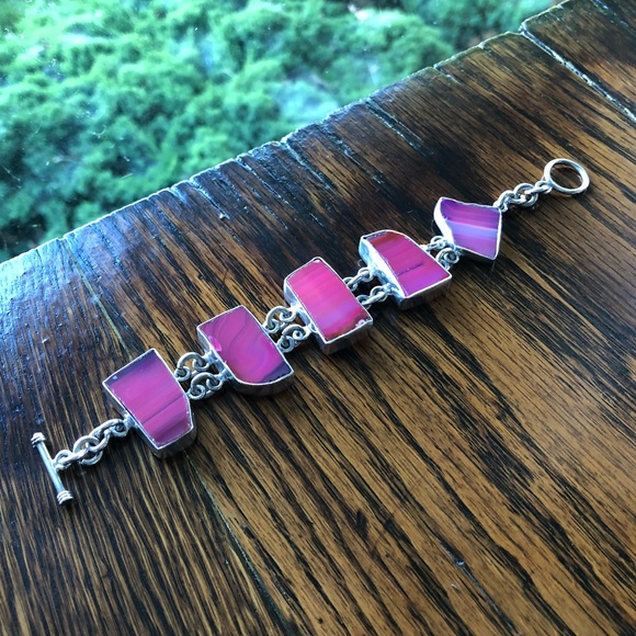Vintage Sterling Silver Pink Agate Toggle Bracelet - Picture 13 of 16
